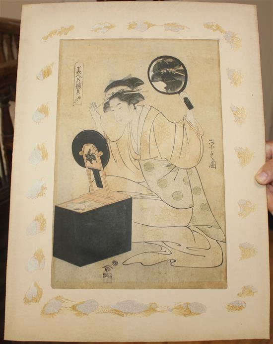 Chobunsai Eishi Geisha dressing her hair, 14.5 x 9.5in.